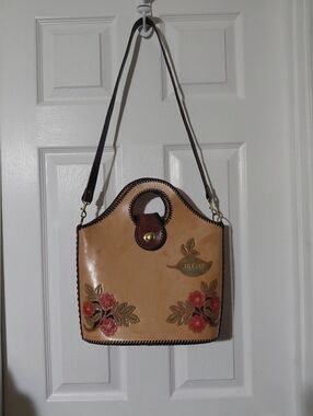Genuine Leather Medium Purse Shoulder Bag Hand painted Hand Caved tote